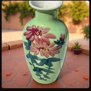Vintage Green Vase with Hand Painted Flowers 6”